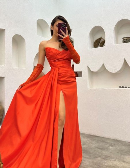 Strapless long evening dress with sleeves