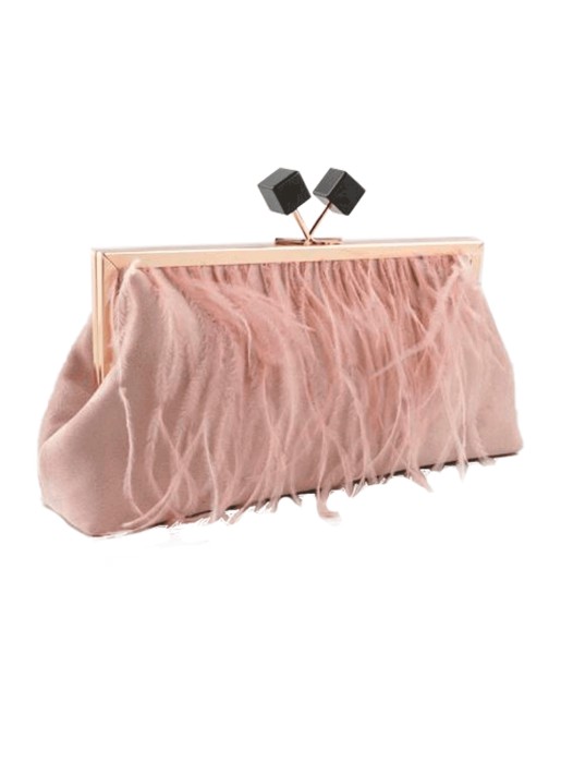 Pale pink feathered suede party clutch