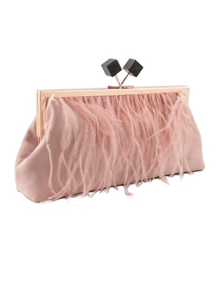 Pale pink feathered suede party clutch