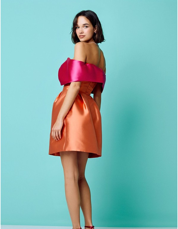 Short bicolor party dress with bandeau lace neckline 2