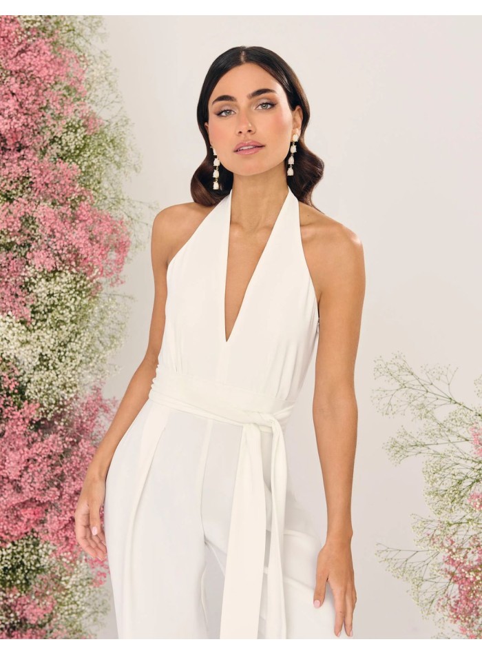 Mono de novia con nudo en cintura color blanco