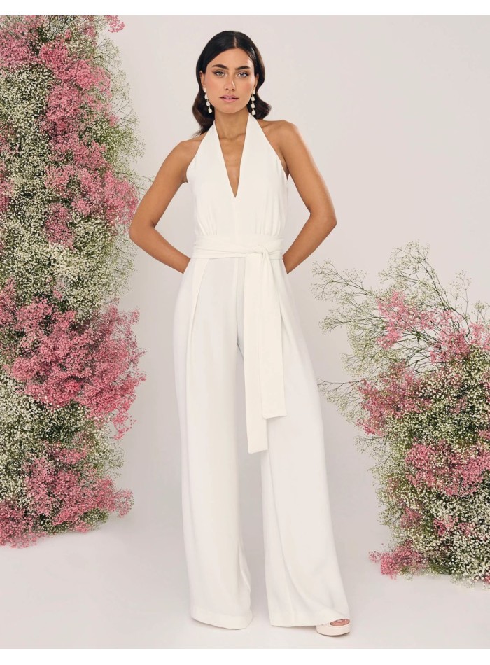 Wedding jumpsuit with bow at the waist and halter neckline