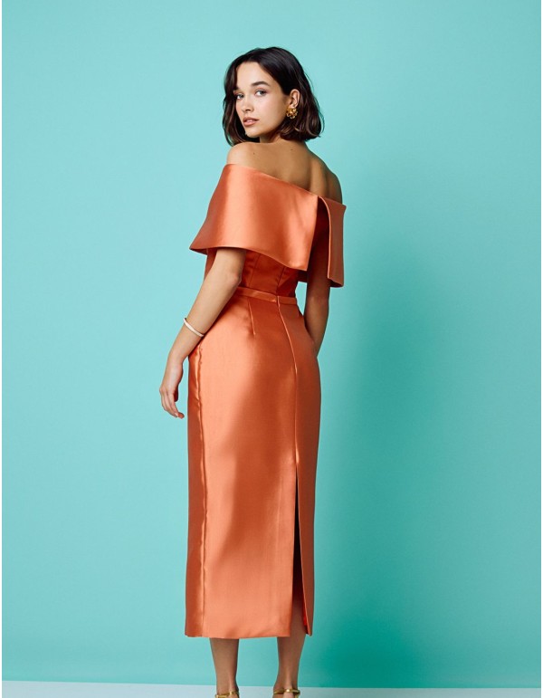 Robe de soirée midi avec encolure bandeau pêche