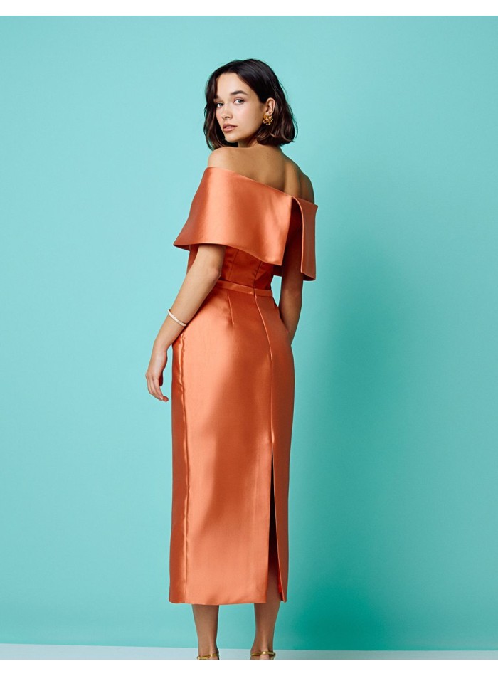 Midi party dress with peach bandeau neckline