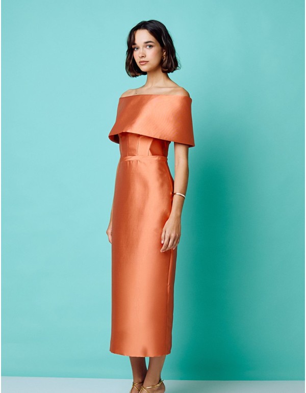 Robe de soirée midi avec encolure bandeau pêche 2