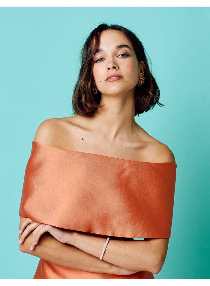 Robe de soirée midi avec encolure bandeau pêche