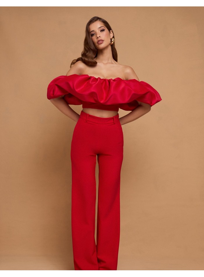 Red straight long pants with belt loops and high waistband