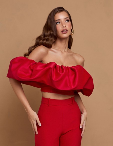Top de fiesta rojo con maxi volante bandeau para eventos Top de fiesta rojo con maxi volante bandeau para eventos