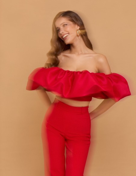 Top de fiesta rojo con maxi volante bandeau para bodas de dia Top de fiesta rojo con maxi volante bandeau para bodas de dia