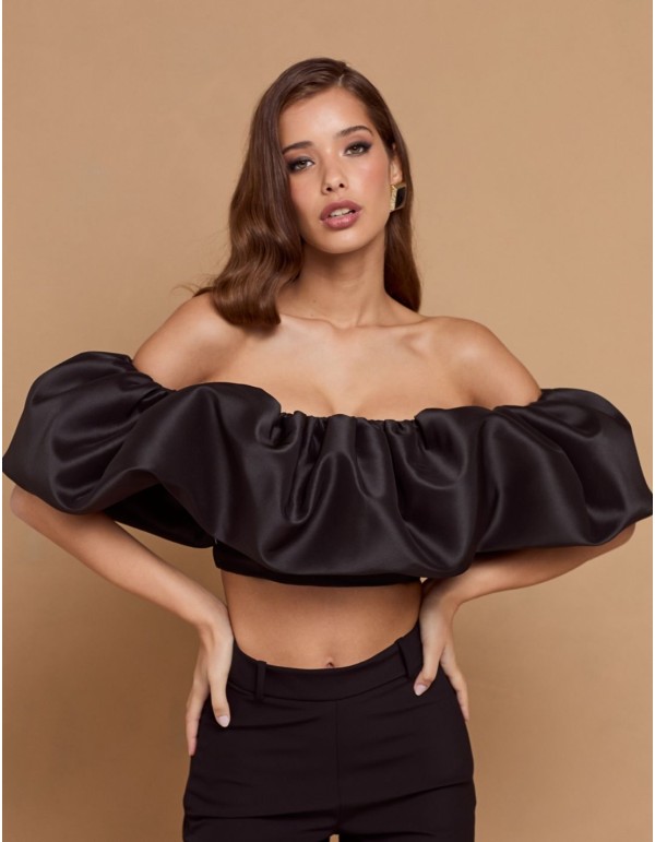 Top de fiesta negro con maxi volante bandeau