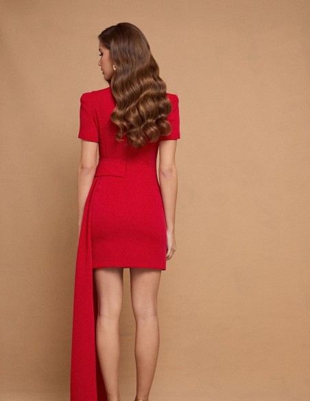 Short red party dress with short sleeves and side sash
