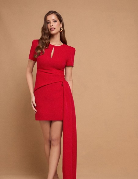 Short red party dress with short sleeves and side sash