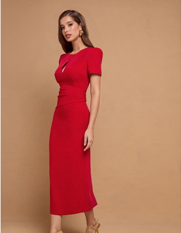 Red midi party dress with short sleeves and neckline slit 2