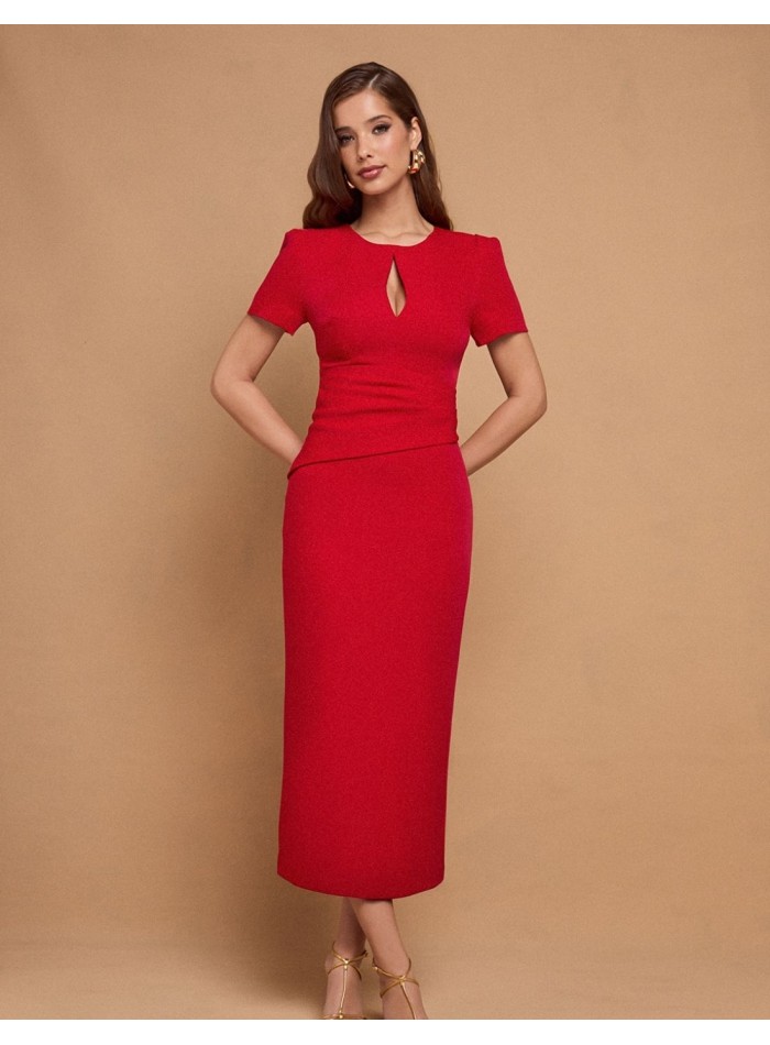 Red midi party dress with short sleeves and neckline slit