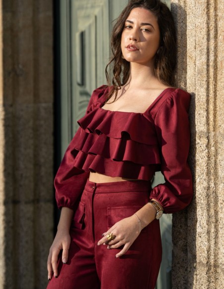 Conjunto de pantalón largo con top de volantes para invitada Conjunto de pantalón largo con top de volantes para invitada