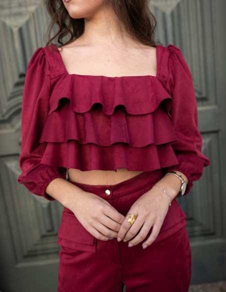 Conjunto de pantalón largo con top de volantes ideal para eventos Conjunto de pantalón largo con top de volantes ideal para eventos