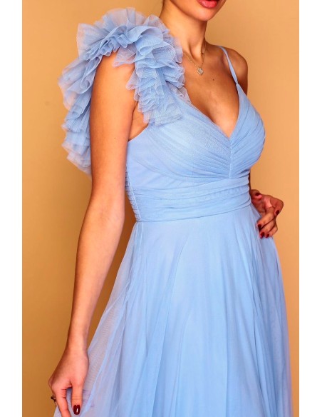 Vestido de fiesta largo de tul con hombro decorado para invitada