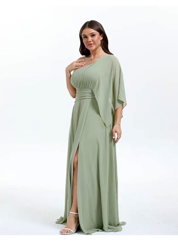 Long gown with asymmetrical chiffon neckline