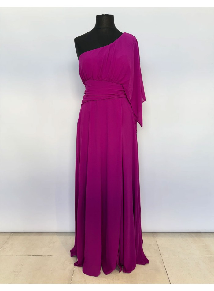 Long gown with asymmetrical chiffon neckline