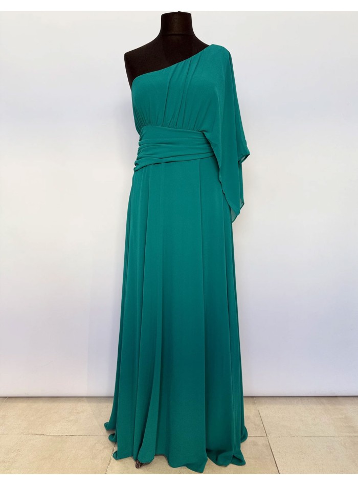 Long gown with asymmetrical chiffon neckline