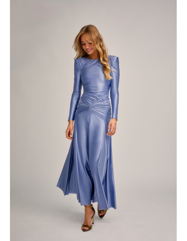Vestido midi azul metálico con drapeado y falda de capa 2