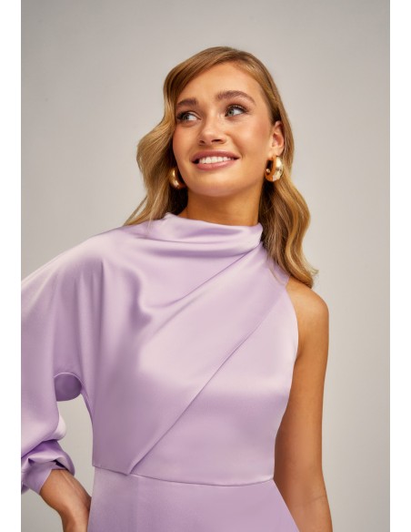Asymmetrical satin midi dress with puffed sleeves