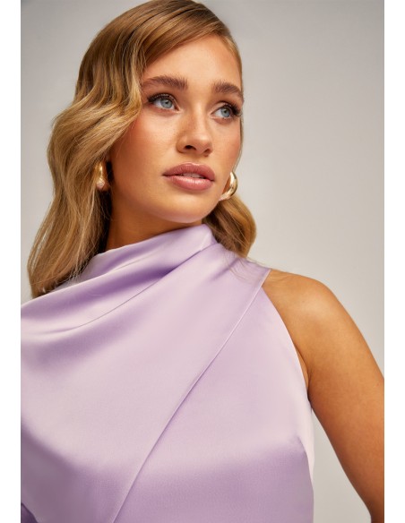 Asymmetrical satin midi dress with puffed sleeves