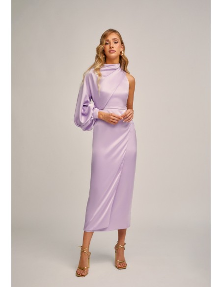 Asymmetrical satin midi dress with puffed sleeves