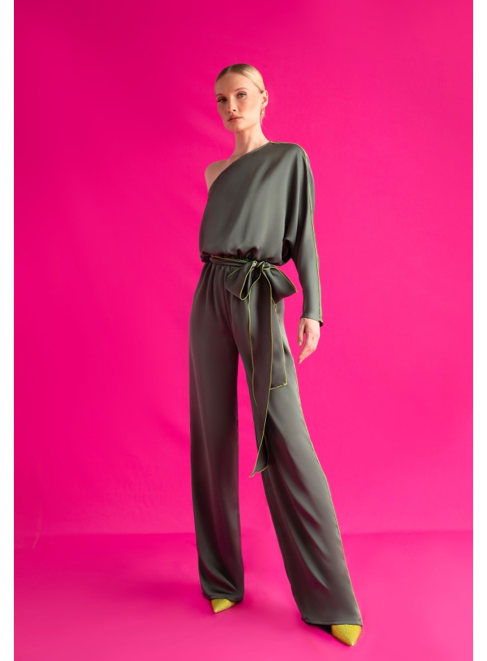 Asymmetrical satin green jumpsuit with bat...
