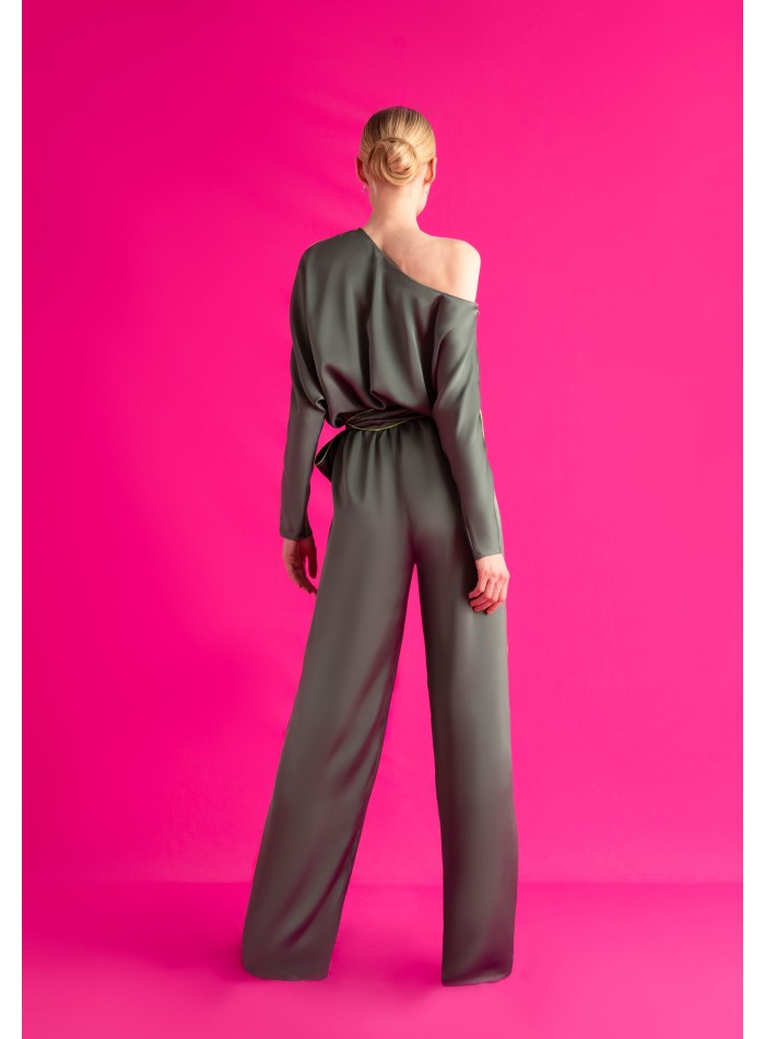 Asymmetrical satin green jumpsuit with bat...