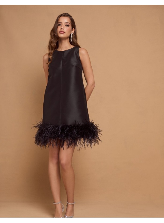 Short black party dress with feathers