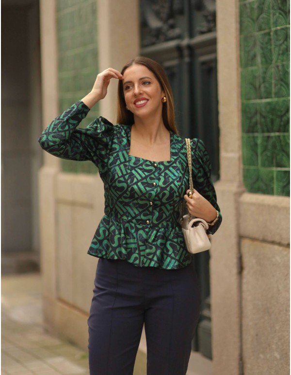 Printed blouse with peplum and square neckline