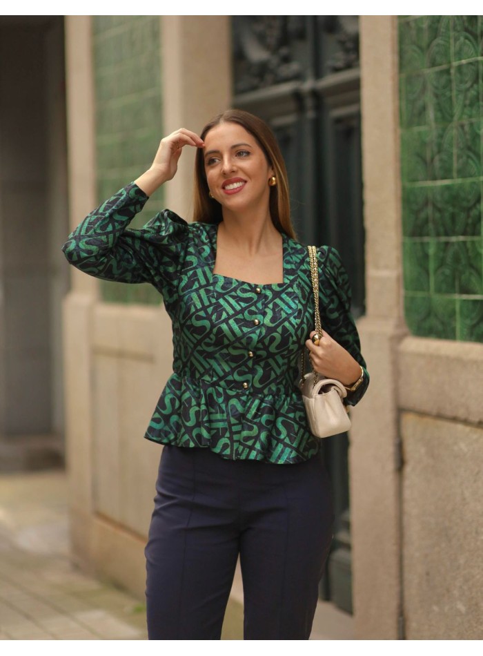 Printed blouse with peplum and square neckline