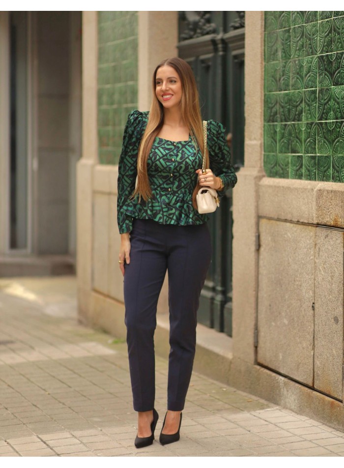 Printed blouse with peplum and square neckline
