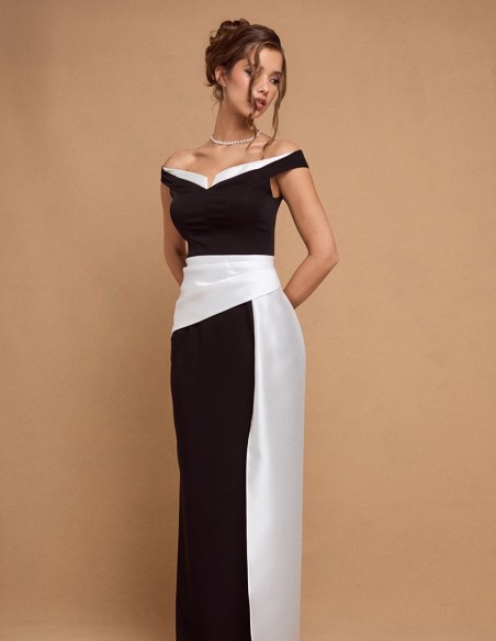 Longue robe de soirée noire et blanche avec encolure bandeau