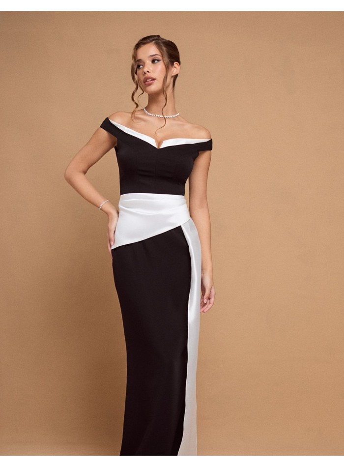 Black and white long party dress with bandeau neckline