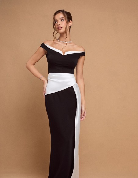 Black and white long party dress with bandeau neckline