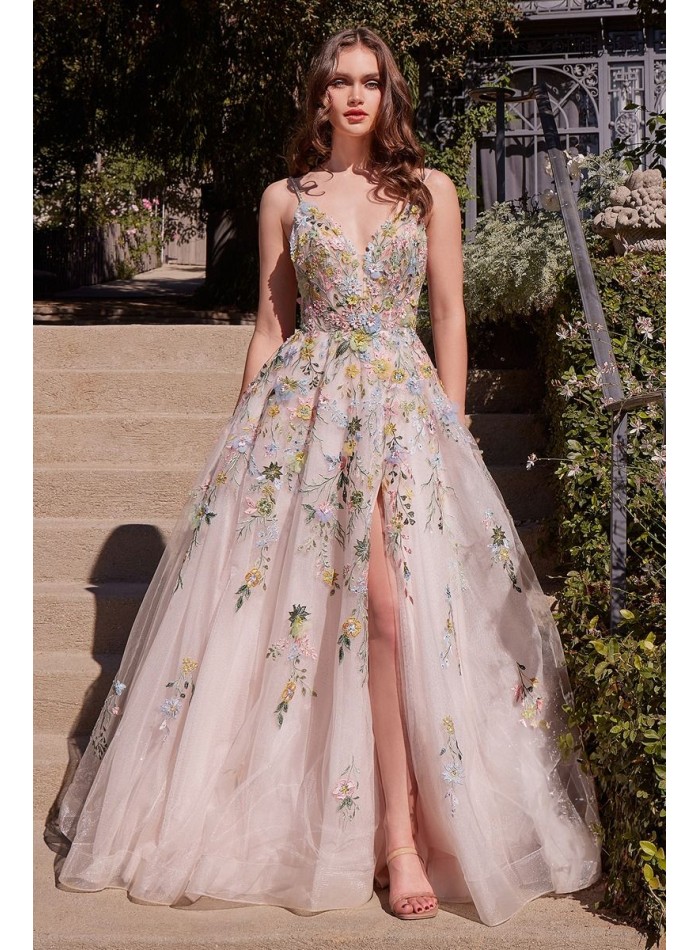 ball gown made of tulle with floral embroidery