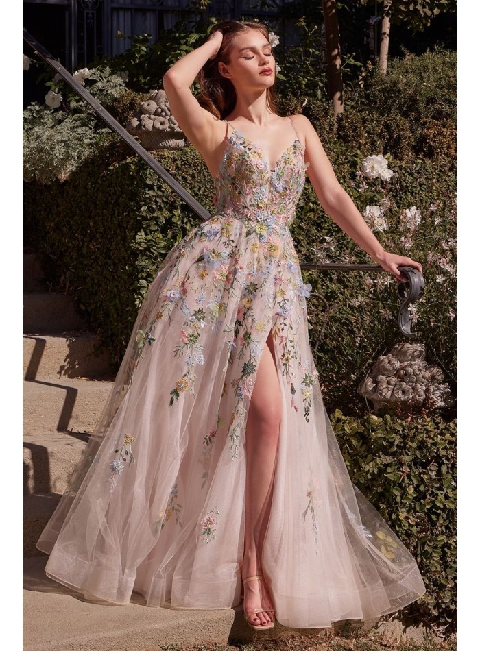 ball gown made of tulle with floral embroidery