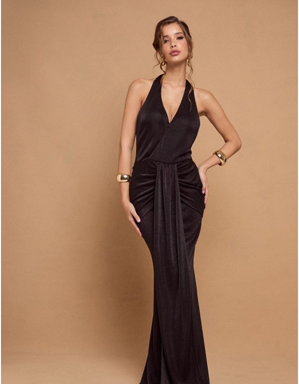 Vestido largo de fiesta negro drapeado con brillo 2