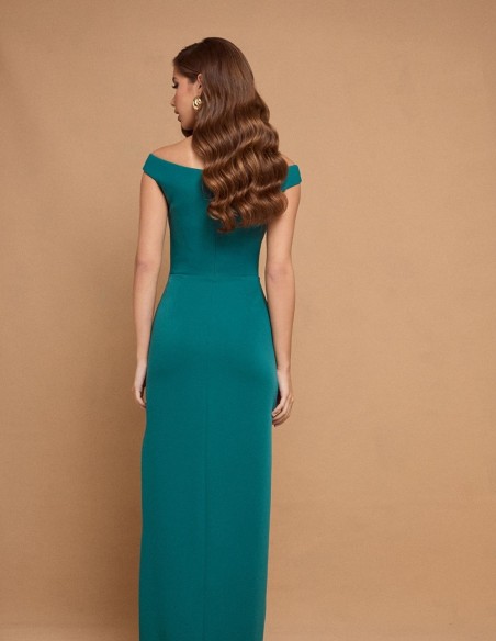 Emerald green long dress with bandeau neckline