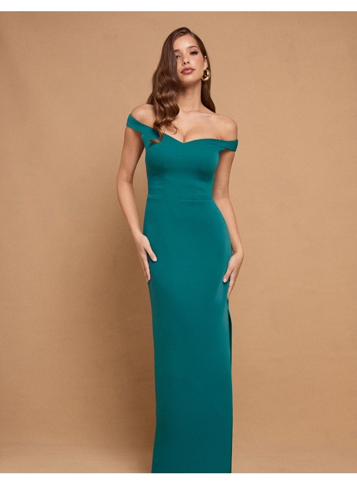 Emerald green long dress with bandeau neckline