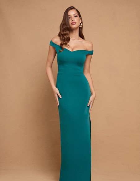 Emerald green long dress with bandeau neckline