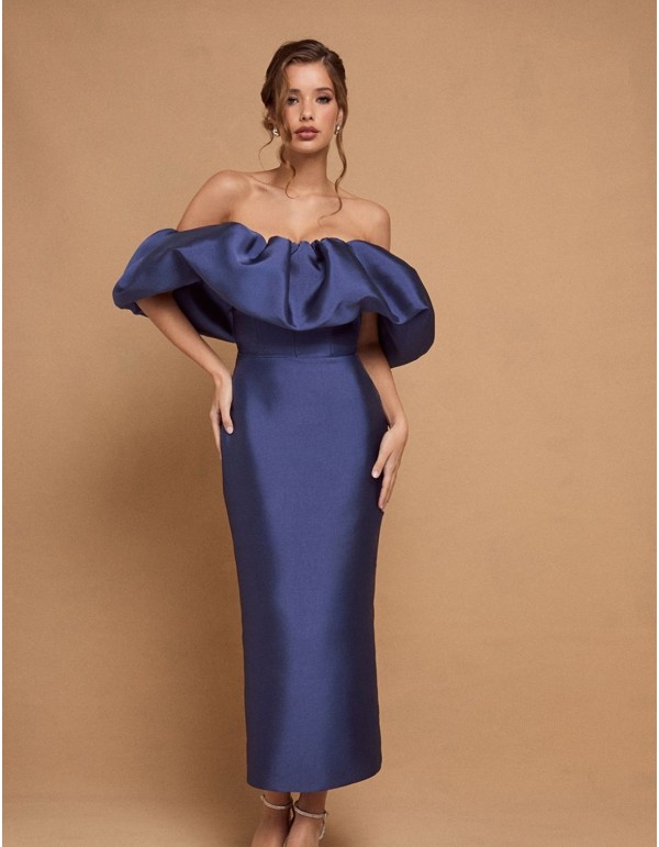 Robe de soirée midi bleue à encolure volantée