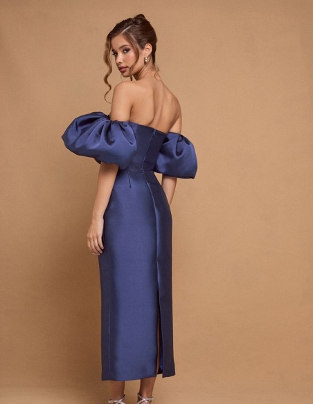 Robe de soirée midi bleue à encolure volantée