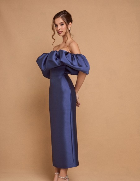 Robe de soirée midi bleue à encolure volantée