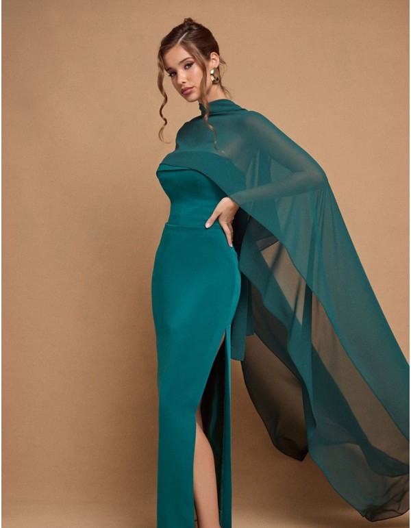 Vestido largo palabra de honor con capa verde esmeralda