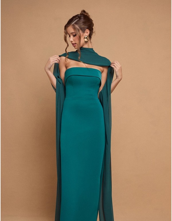 Vestido largo palabra de honor con capa verde esmeralda 2