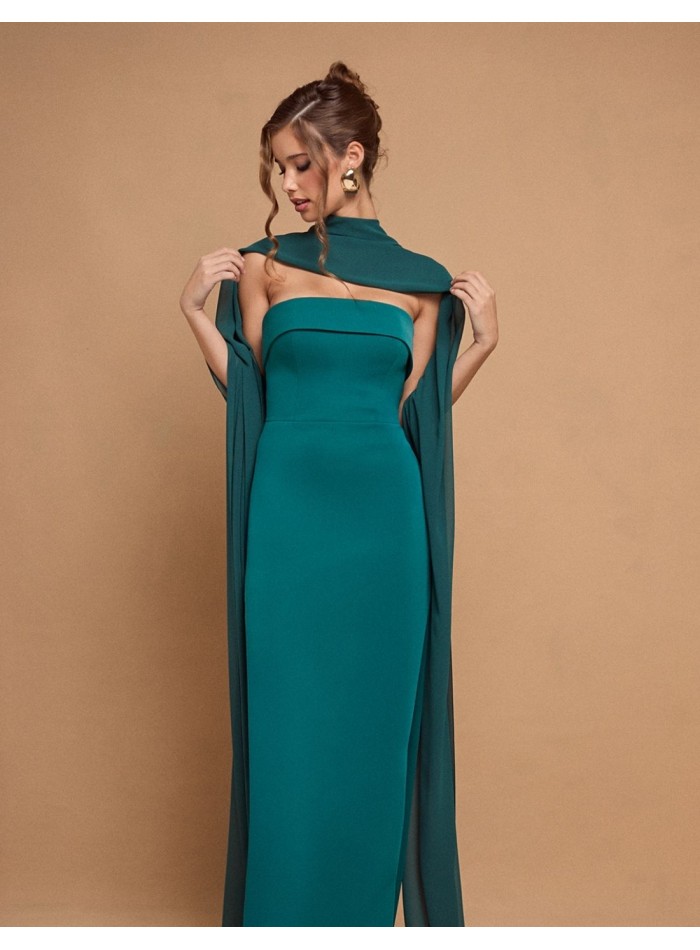 Robe longue sans bretelles avec cape vert émeraude