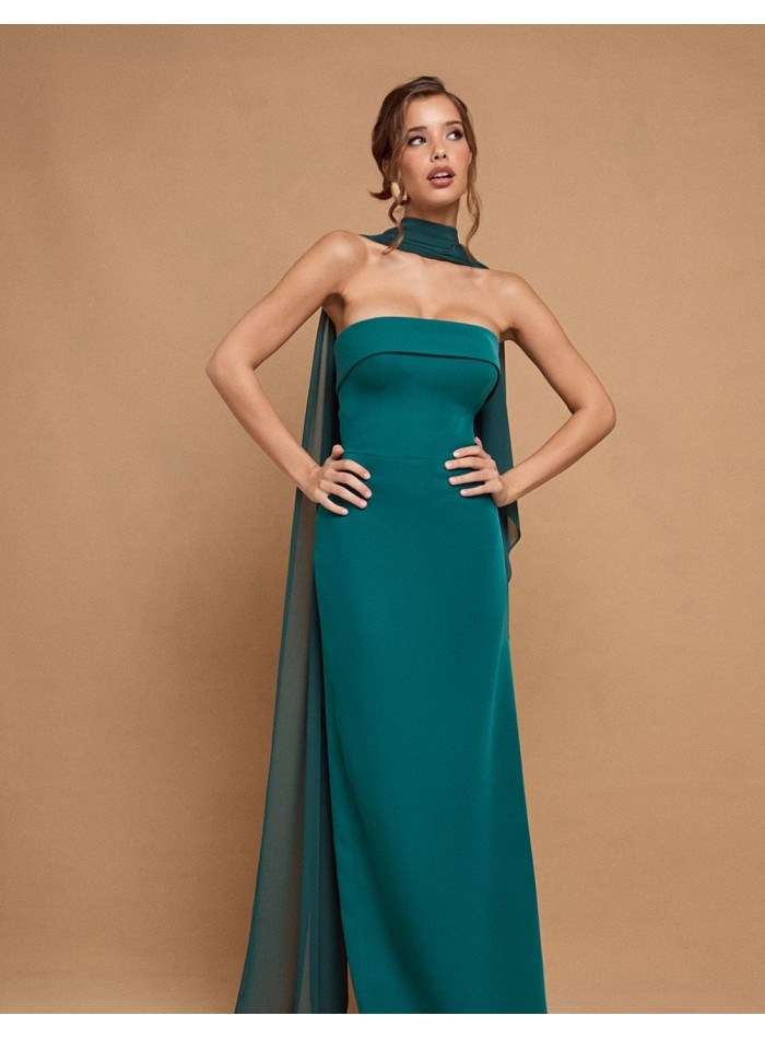 Robe longue sans bretelles avec cape vert émeraude